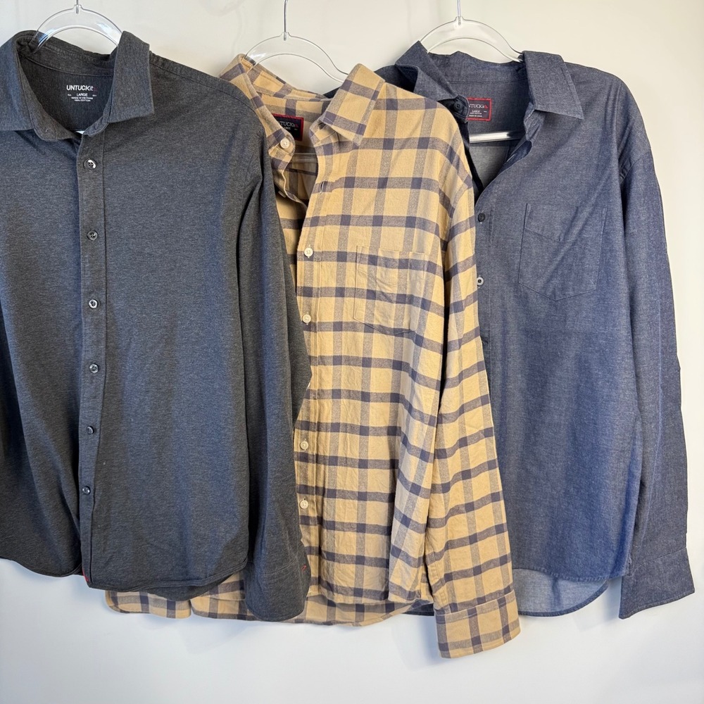 UNTUCKit Men's Large 3 Casual Button Down Shirts Grey Blue Plaid Cotton